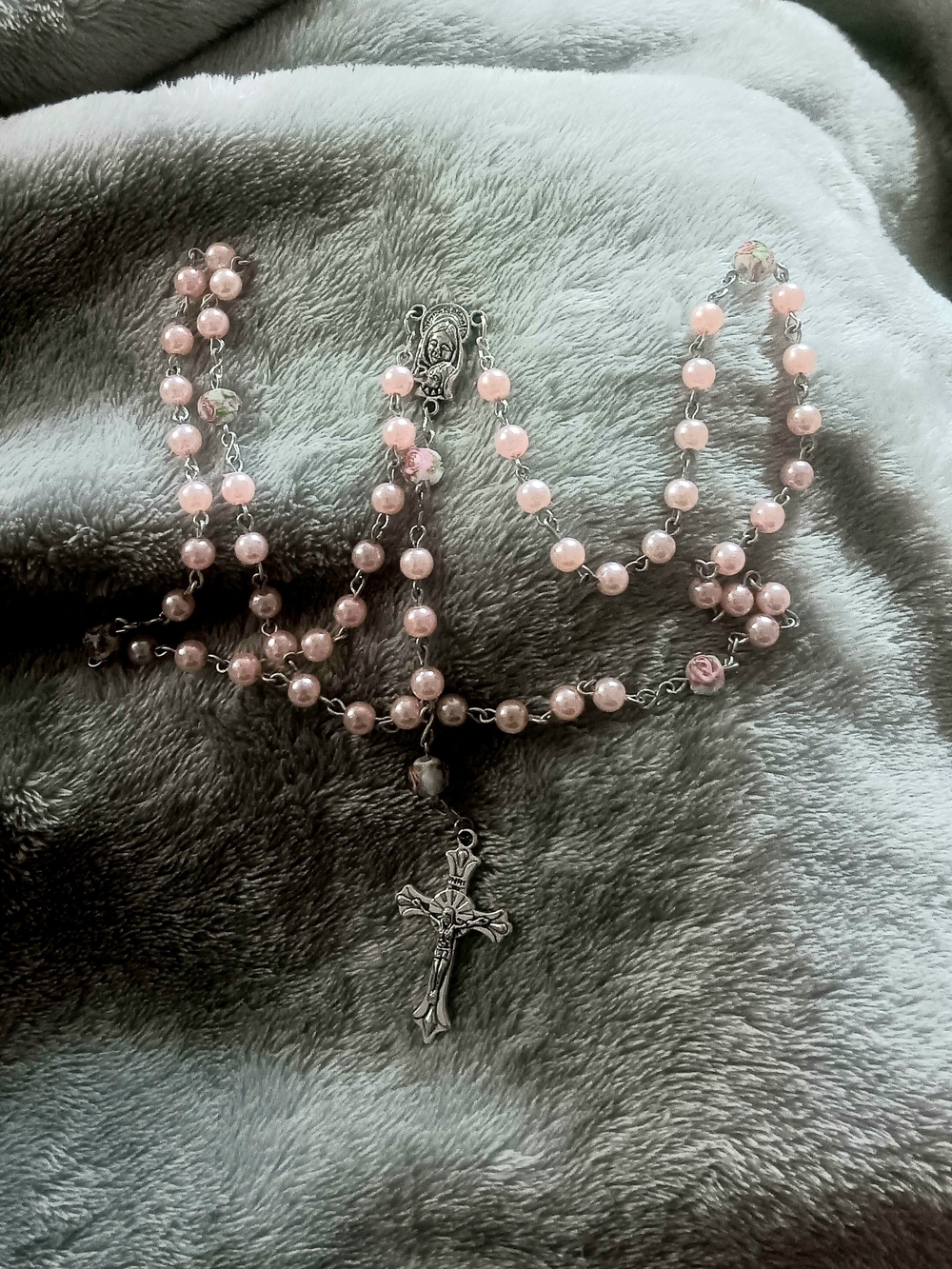 Pink Faux Pearl Rosary with Silver Crucifix